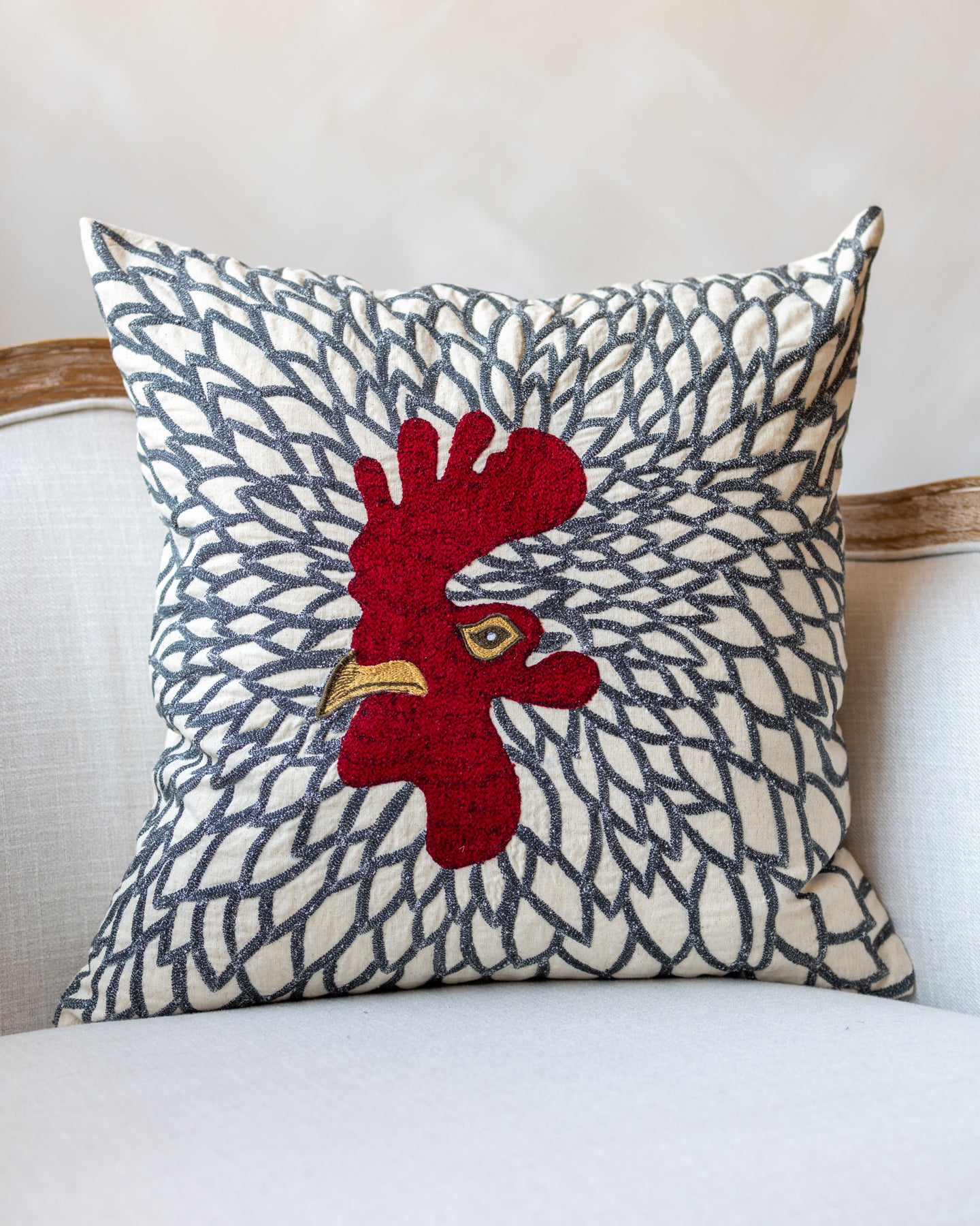 Gold Rooster Embroidered Linen Throw Pillow