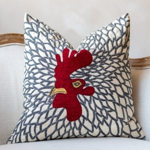 Gold Rooster Embroidered Linen Throw Pillow