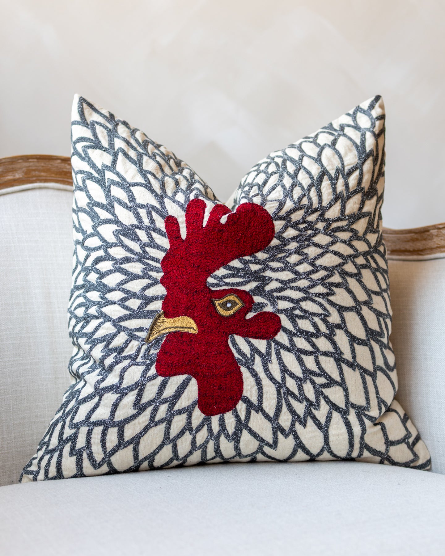 Gold Rooster Embroidered Linen Throw Pillow