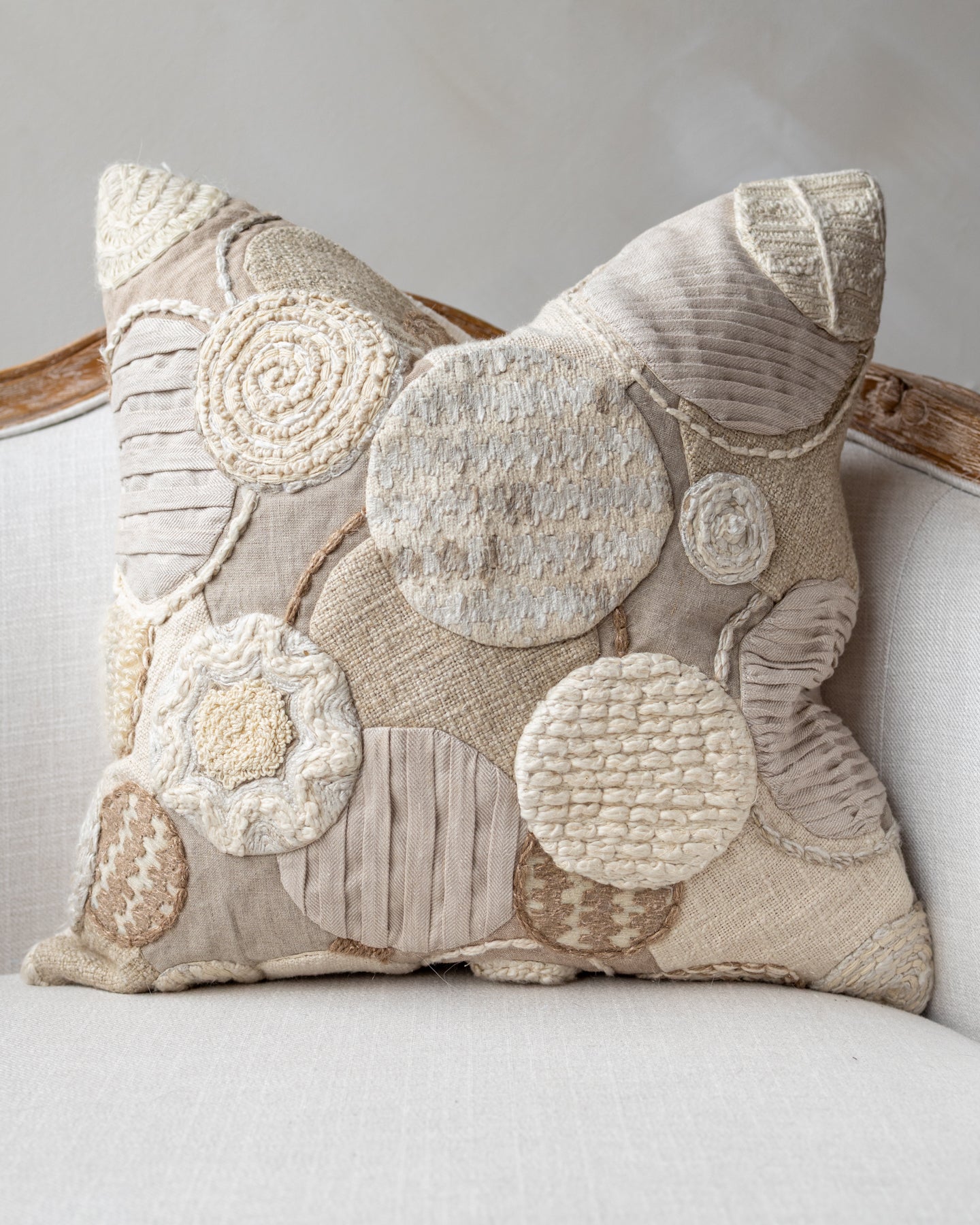 Natural Abstract Embroidered Organic Cotton Throw Pillow