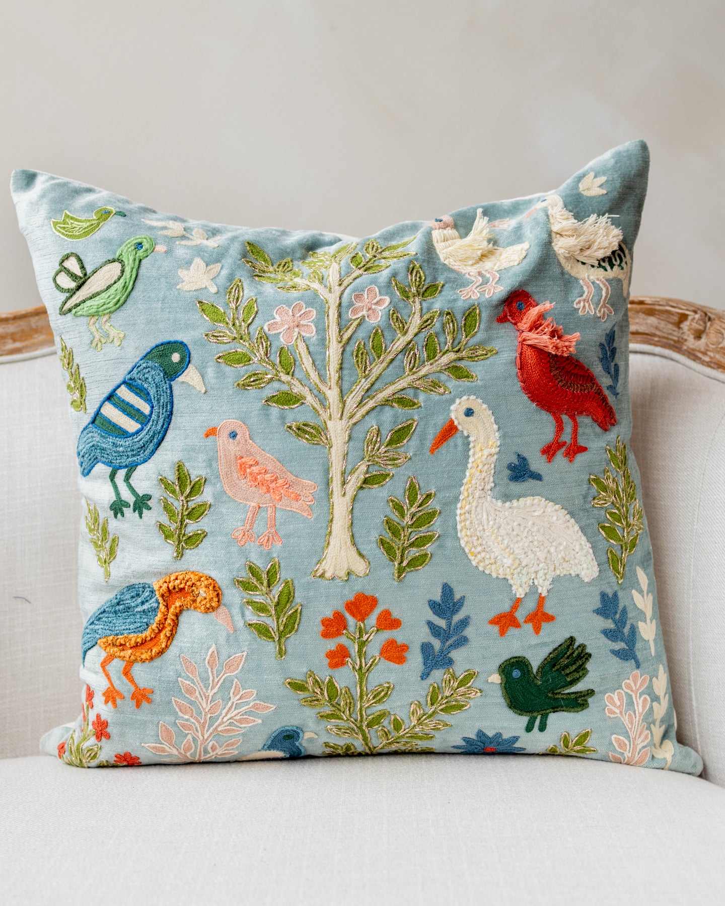 Sky Blue Floral Embroidered Organic Cotton Throw Pillow
