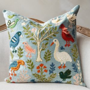 Sky Blue Floral Embroidered Organic Cotton Throw Pillow