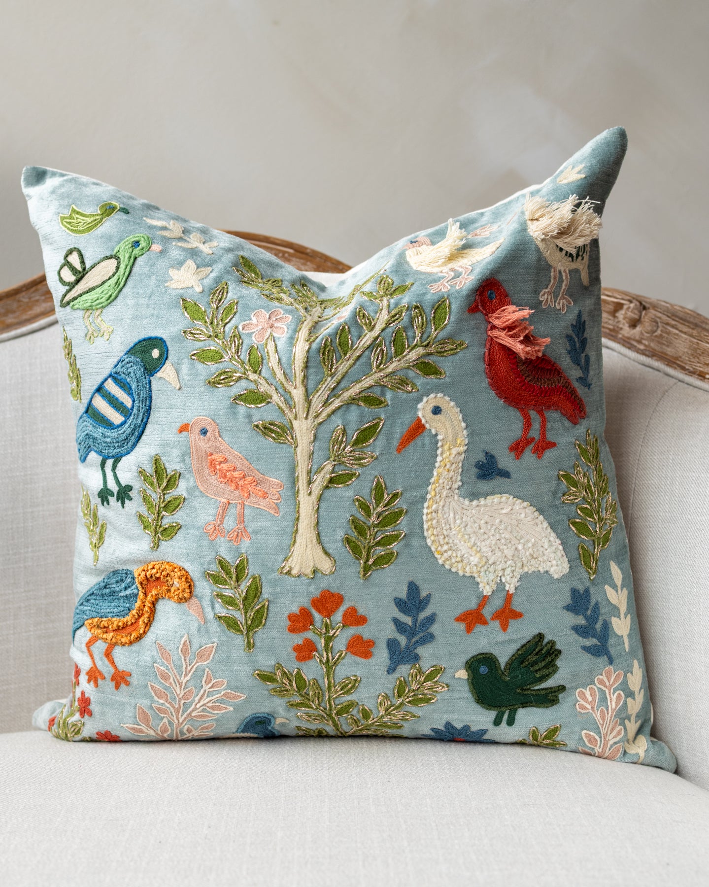 Sky Blue Floral Embroidered Organic Cotton Throw Pillow