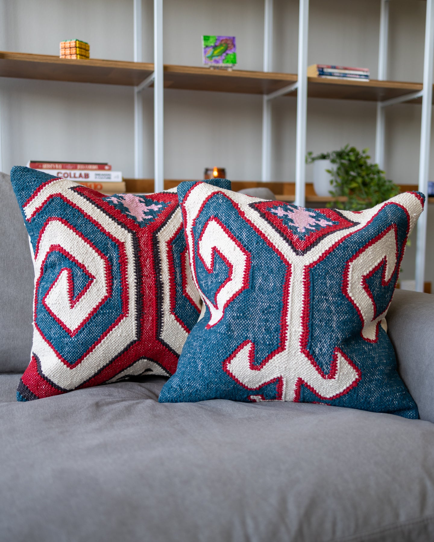 Pink Kilim Handwoven Blue Organic Cotton Throw Pillow