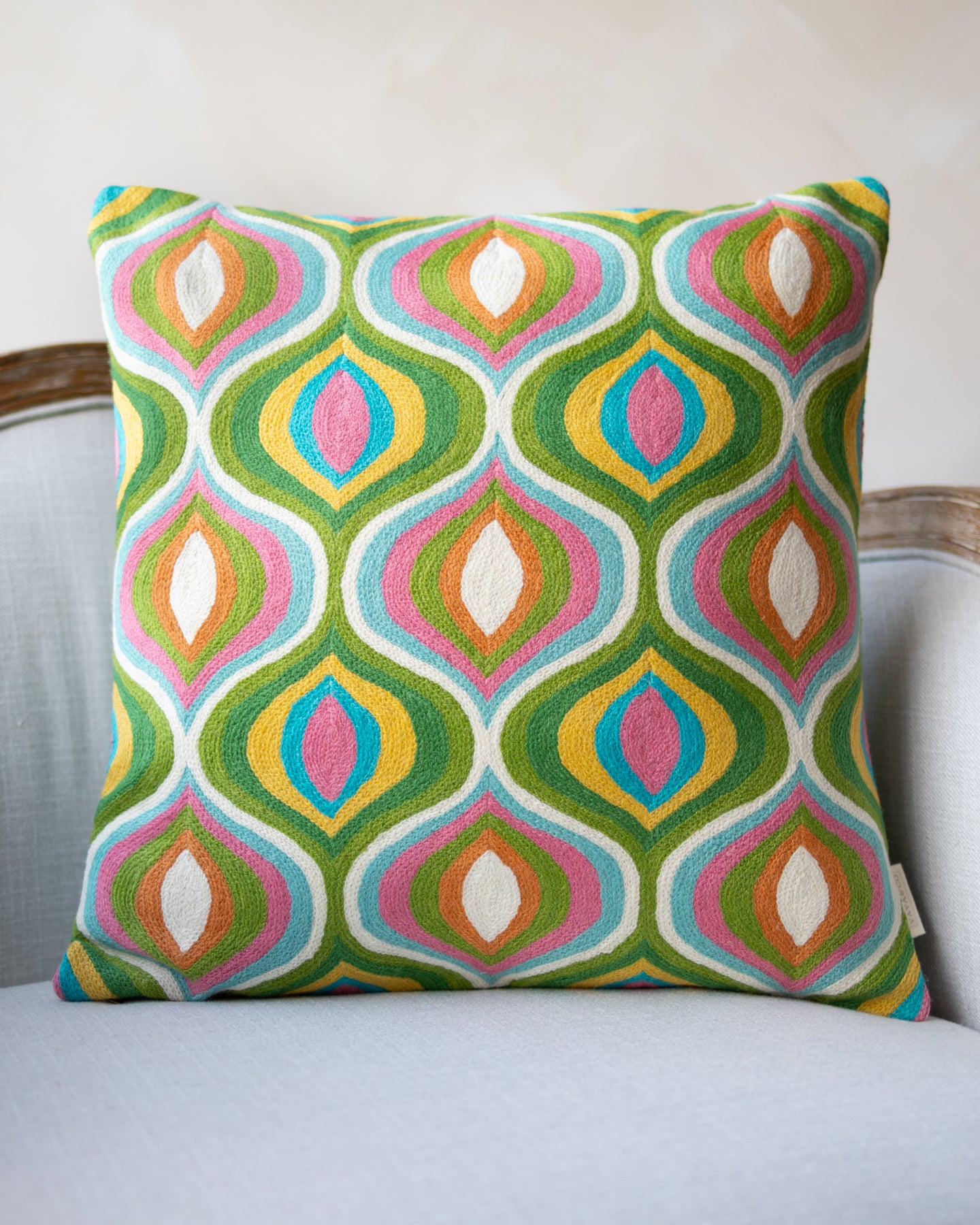 Orange Abstract Embroidered Blue Organic Cotton Throw Pillow