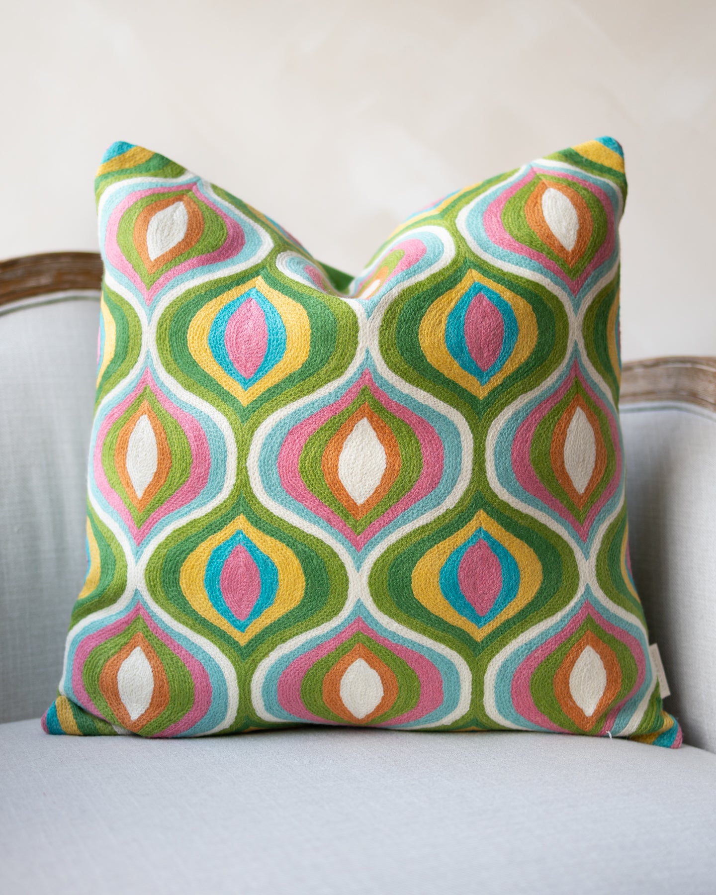 Orange Abstract Embroidered Blue Organic Cotton Throw Pillow