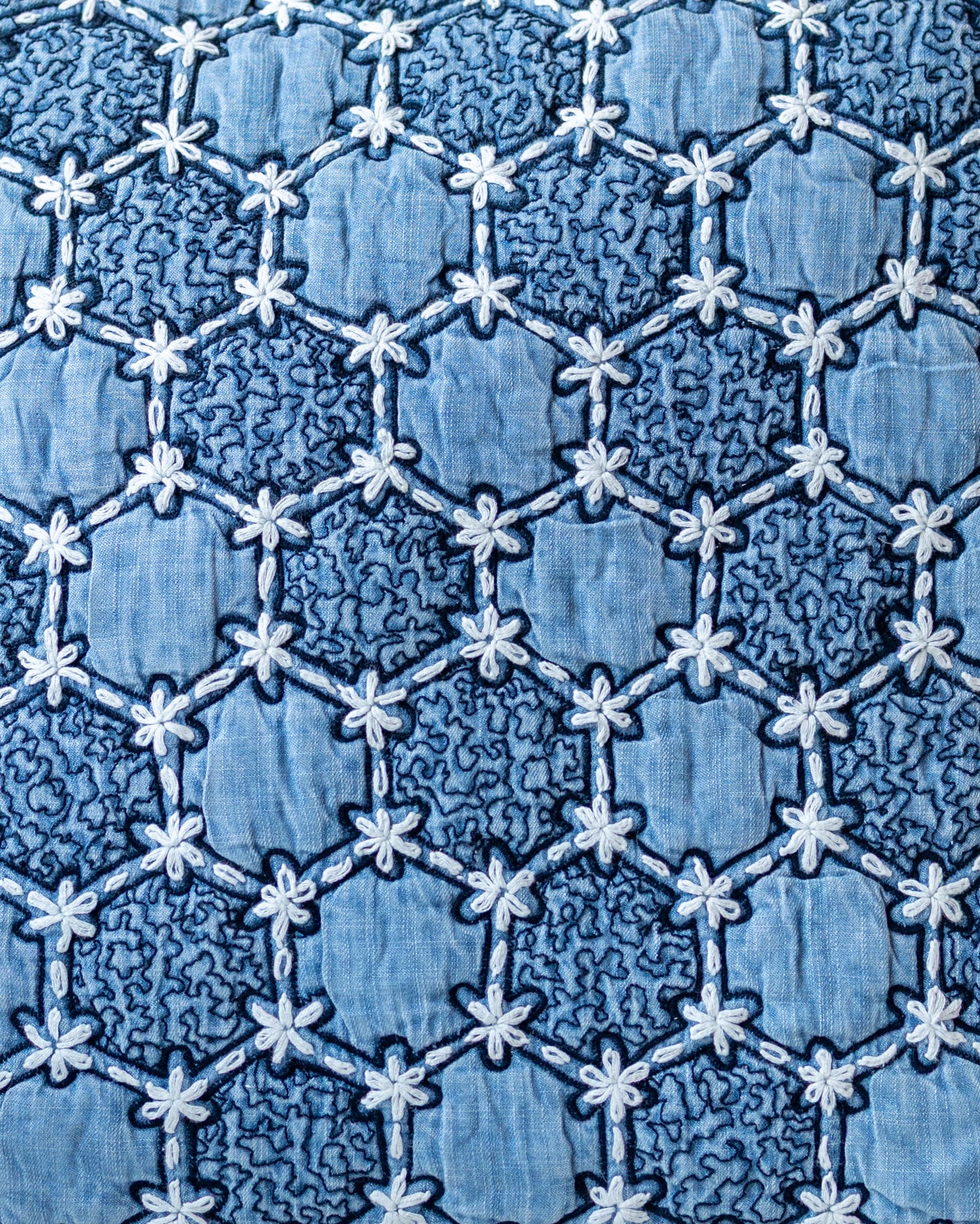 Blue Geometric Embroidered Organic Cotton Throw Pillow