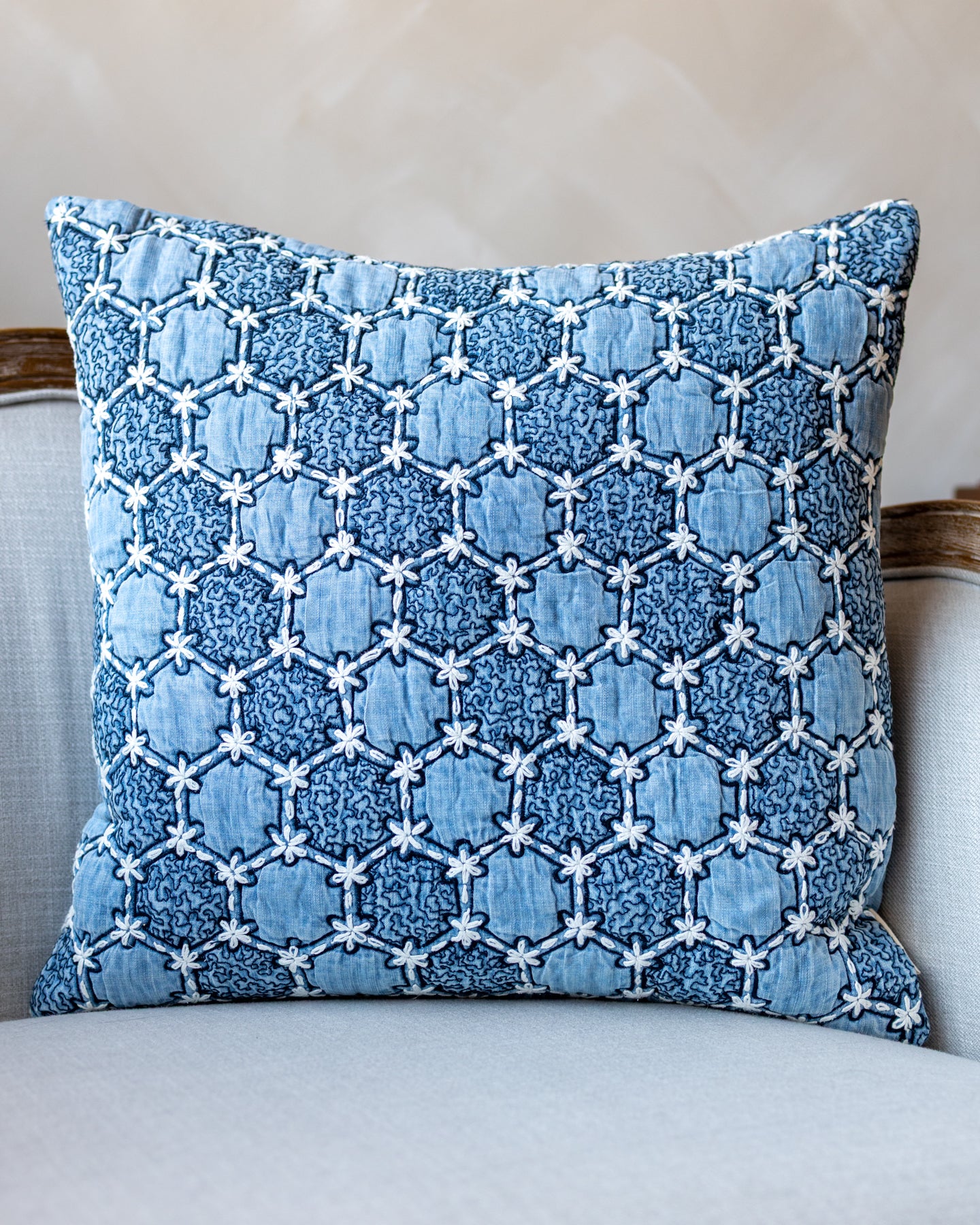 Blue Geometric Embroidered Organic Cotton Throw Pillow
