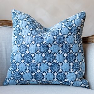 Blue Geometric Embroidered Organic Cotton Throw Pillow