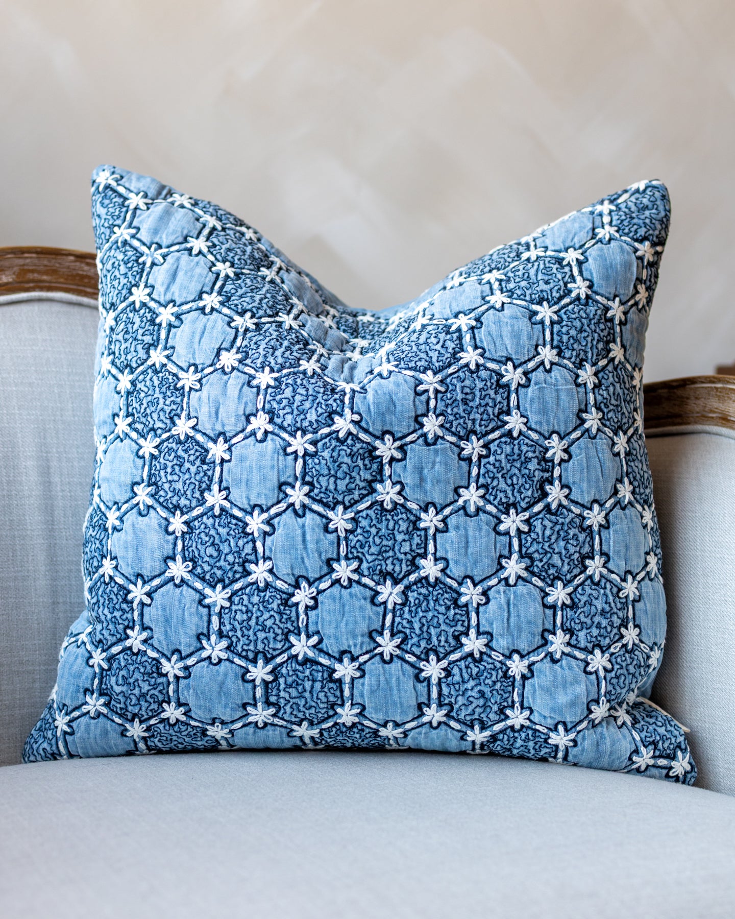 Blue Geometric Embroidered Organic Cotton Throw Pillow