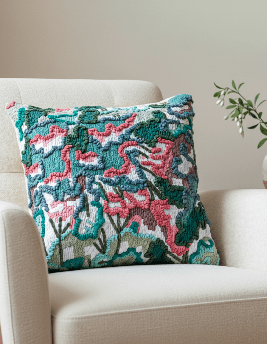 Sky Blue Abstract Embroidered Organic Cotton Throw Pillow