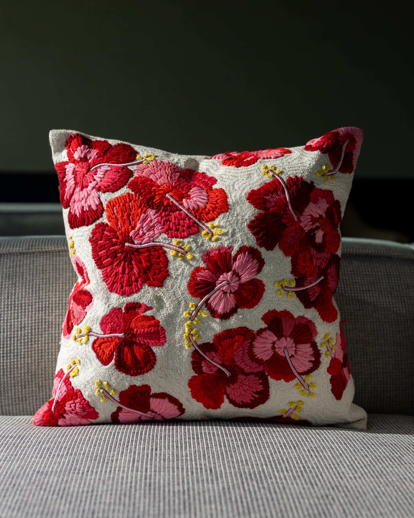 Yellow Floral Embroidered Orange Organic Cotton Throw Pillow