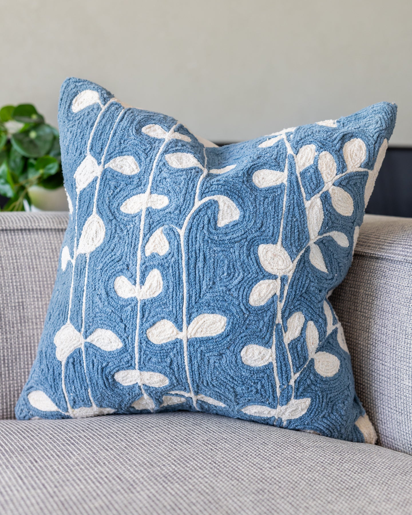 Natural Embroidered Cream Organic Cotton Throw Pillow