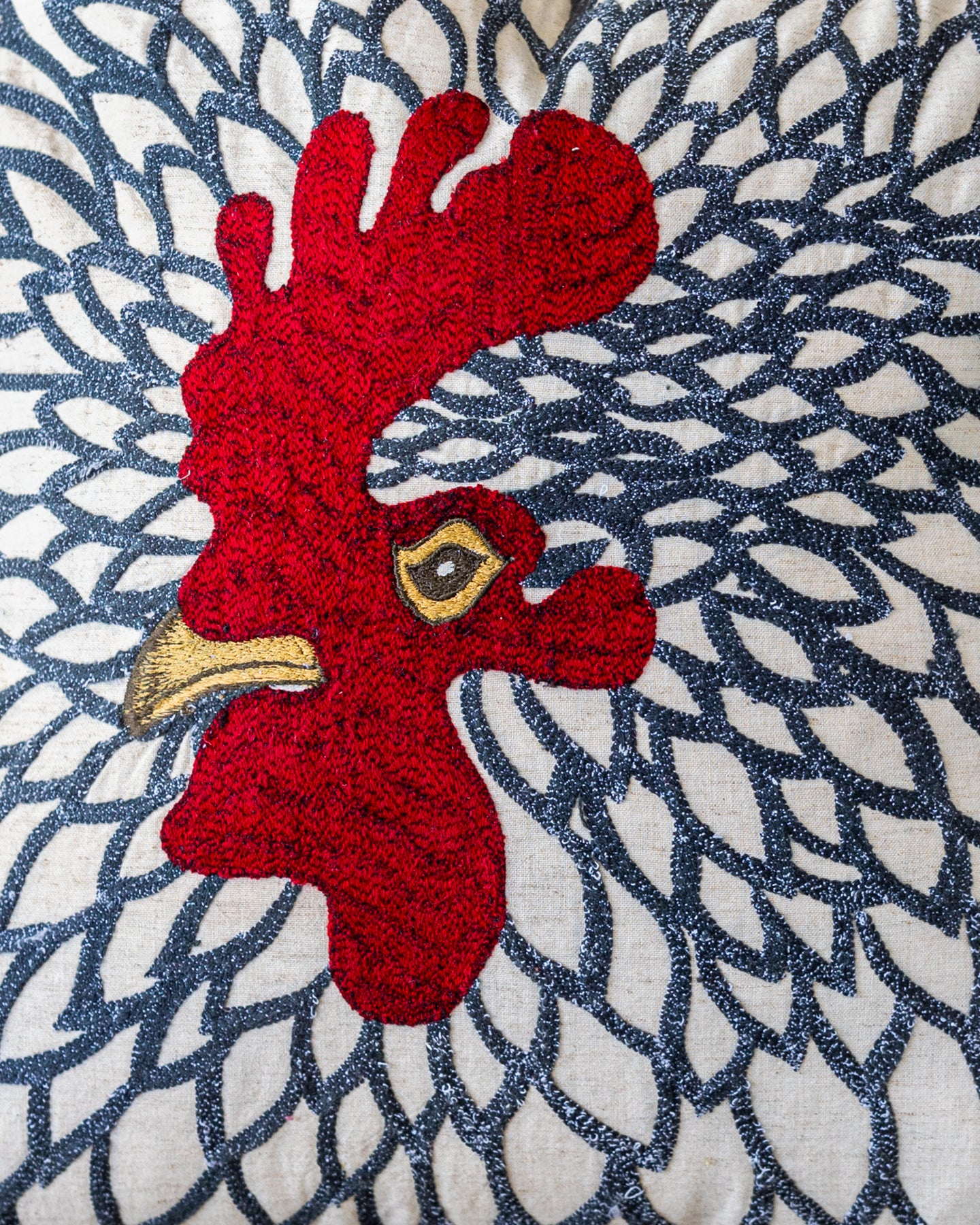 Gold Rooster Embroidered Linen Throw Pillow