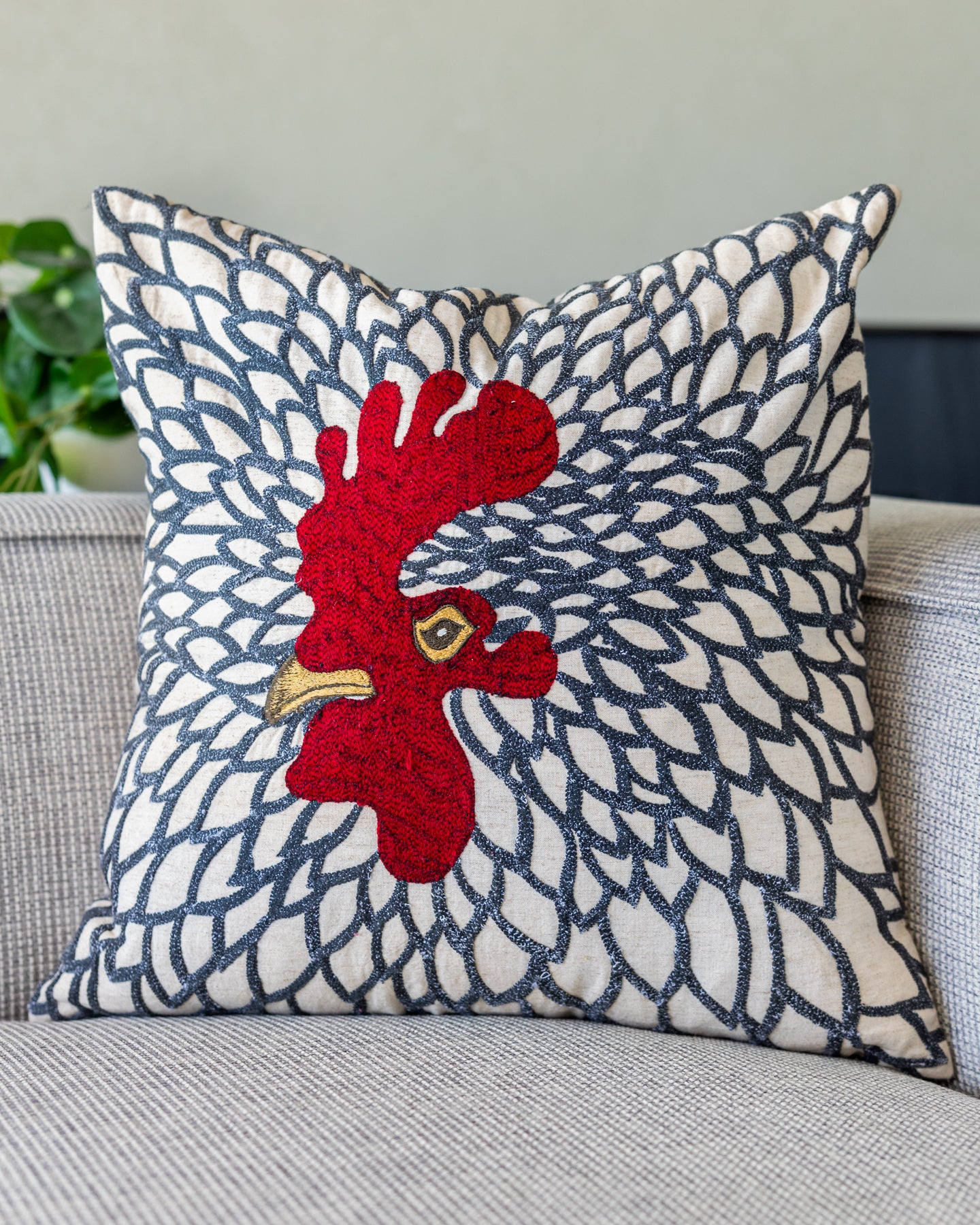 Gold Rooster Embroidered Linen Throw Pillow