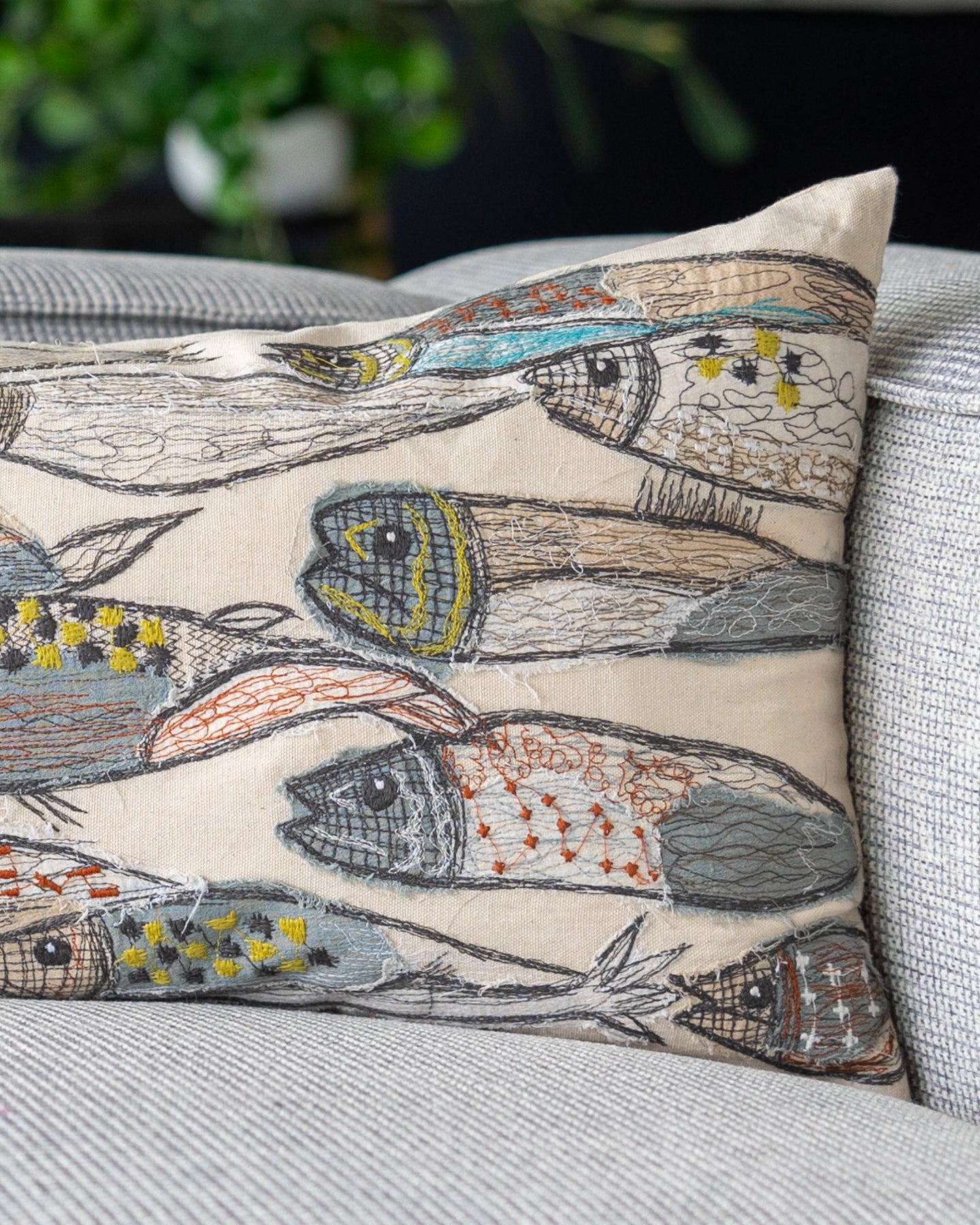 Natural Fish Embroidered Organic Cotton Lumbar Pillow