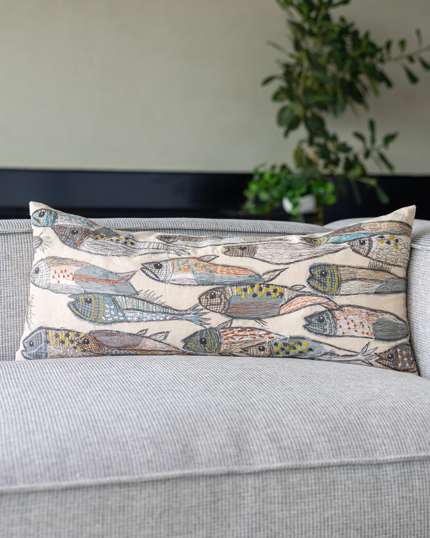 Natural Fish Embroidered Organic Cotton Lumbar Pillow