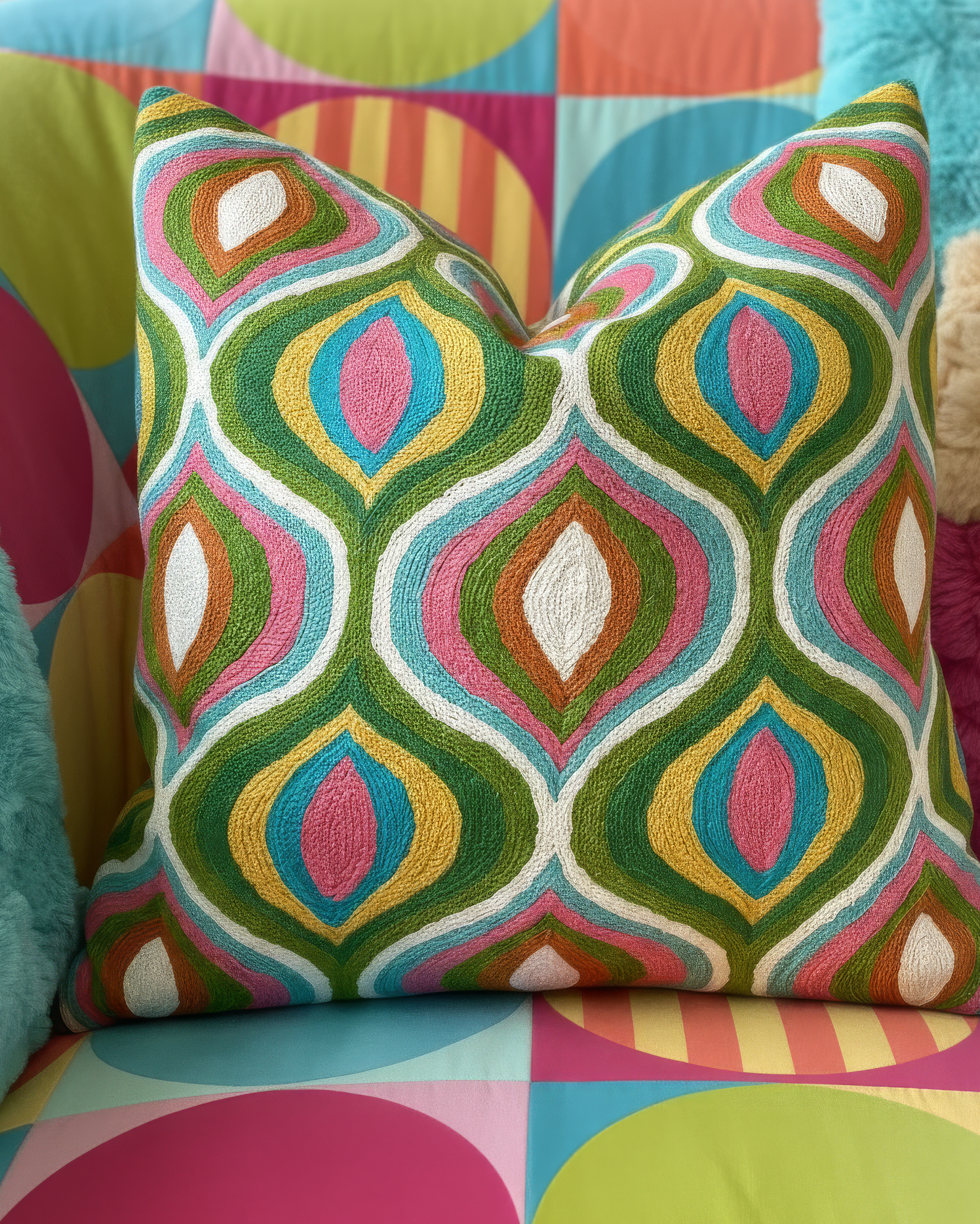 Orange Abstract Embroidered Blue Organic Cotton Throw Pillow