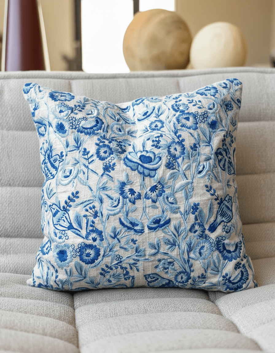 White Floral Embroidered Organic Cotton Throw Pillow