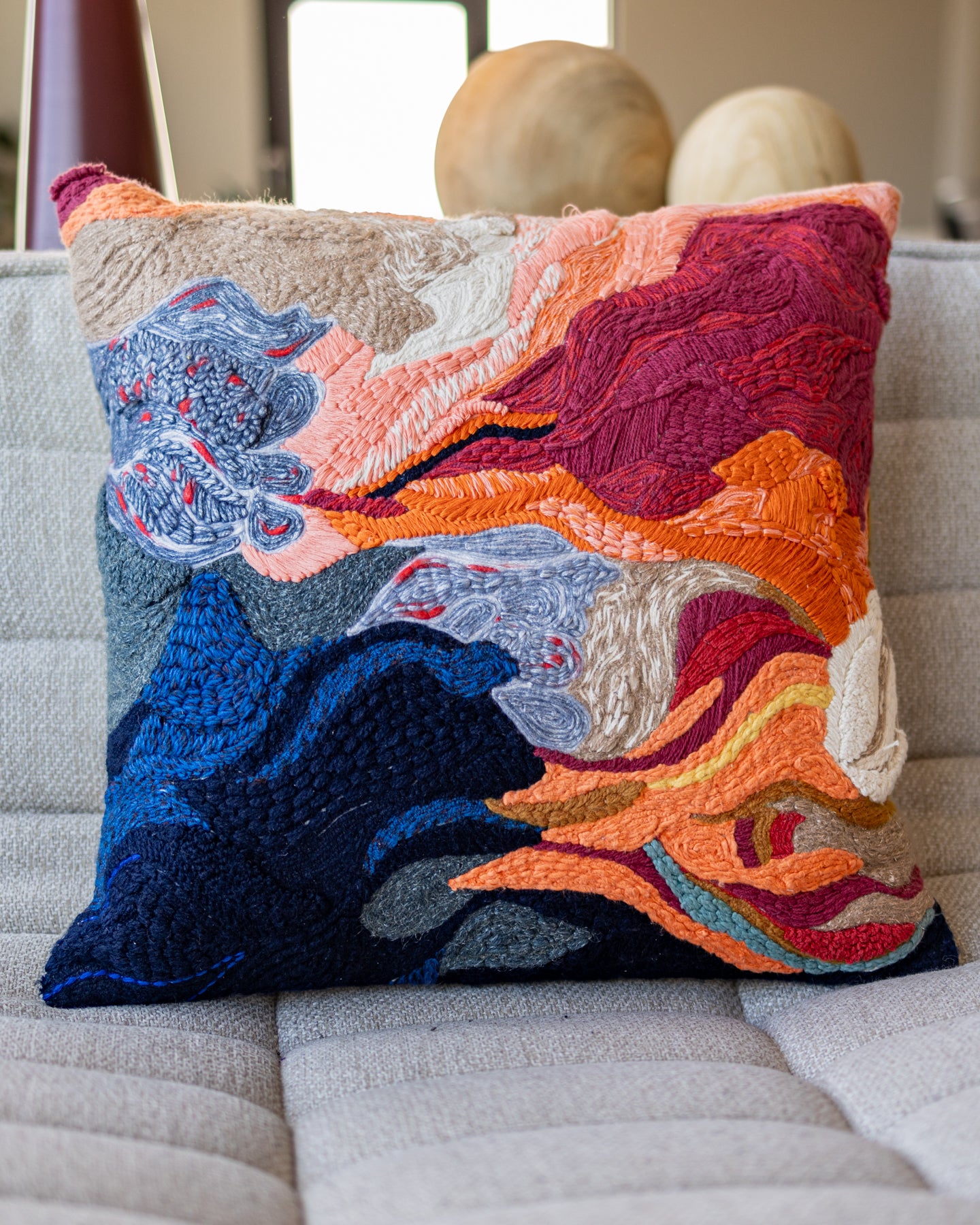 Orange Abstract Embroidered Dimensional Organic Cotton Throw Pillow