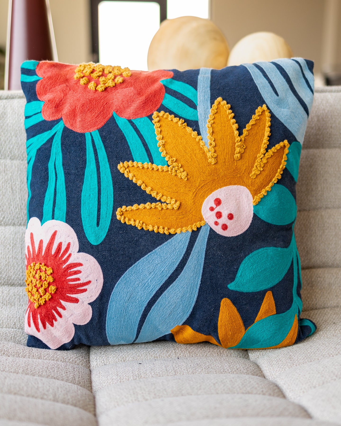 Sky Blue Floral Embroidered Yellow Organic Cotton Throw Pillow