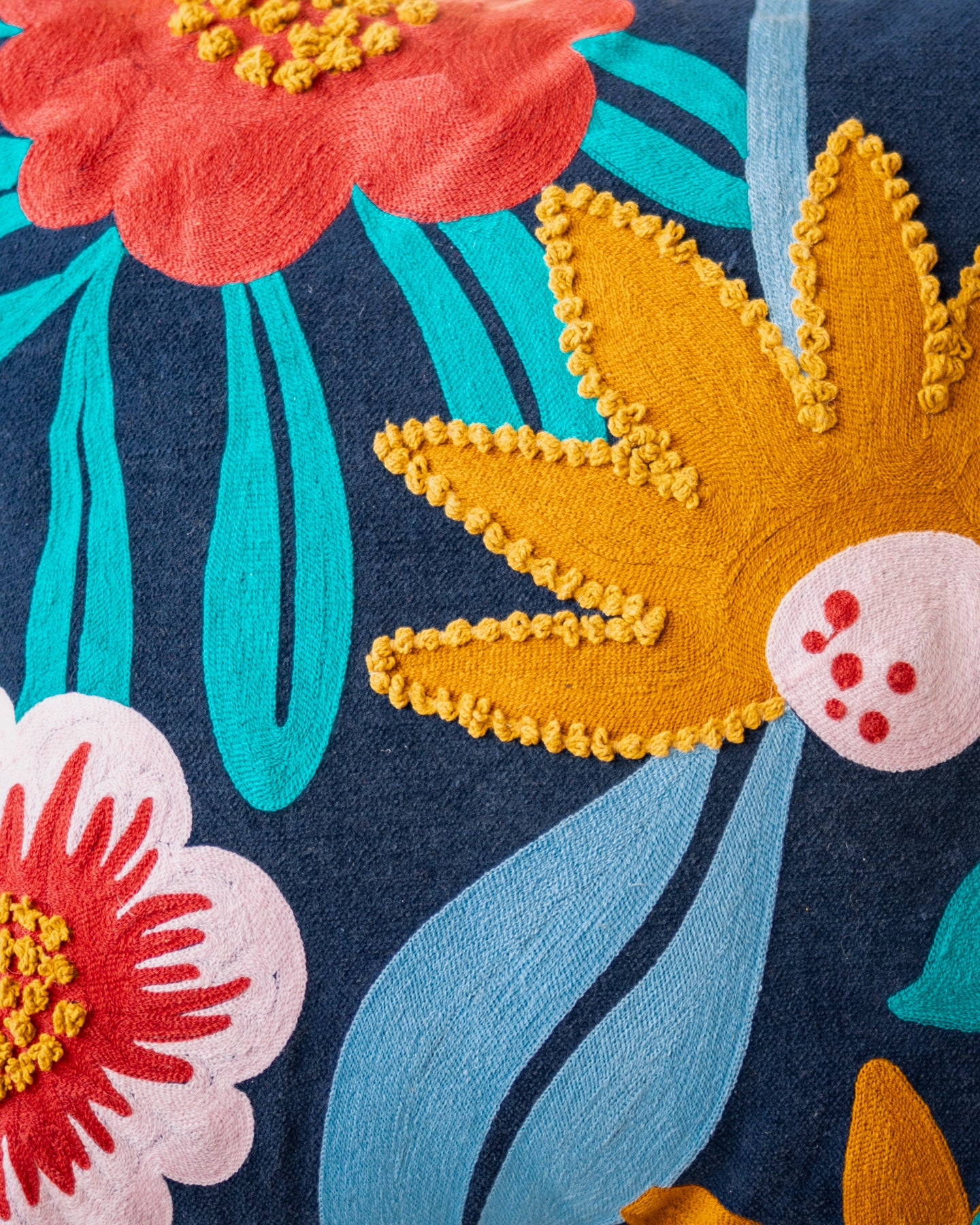 Sky Blue Floral Embroidered Yellow Organic Cotton Throw Pillow