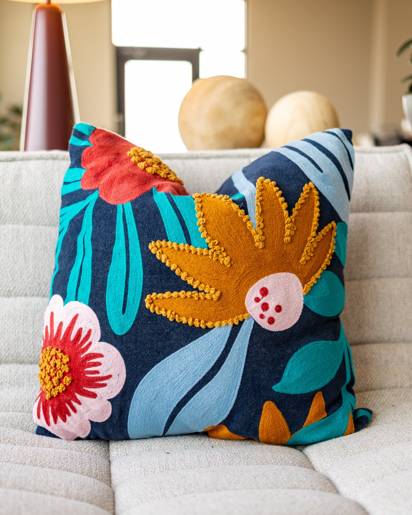Sky Blue Floral Embroidered Yellow Organic Cotton Throw Pillow