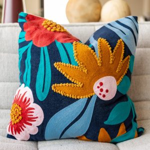Sky Blue Floral Embroidered Yellow Organic Cotton Throw Pillow