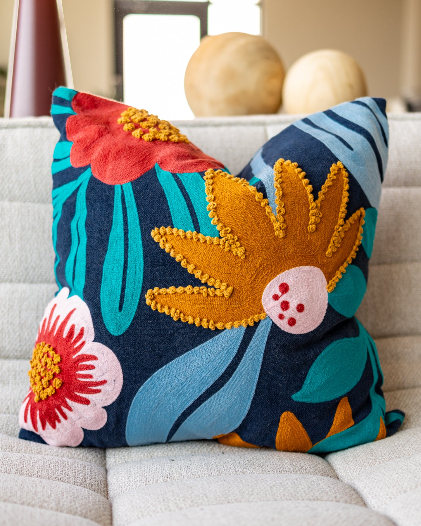 Sky Blue Floral Embroidered Yellow Organic Cotton Throw Pillow