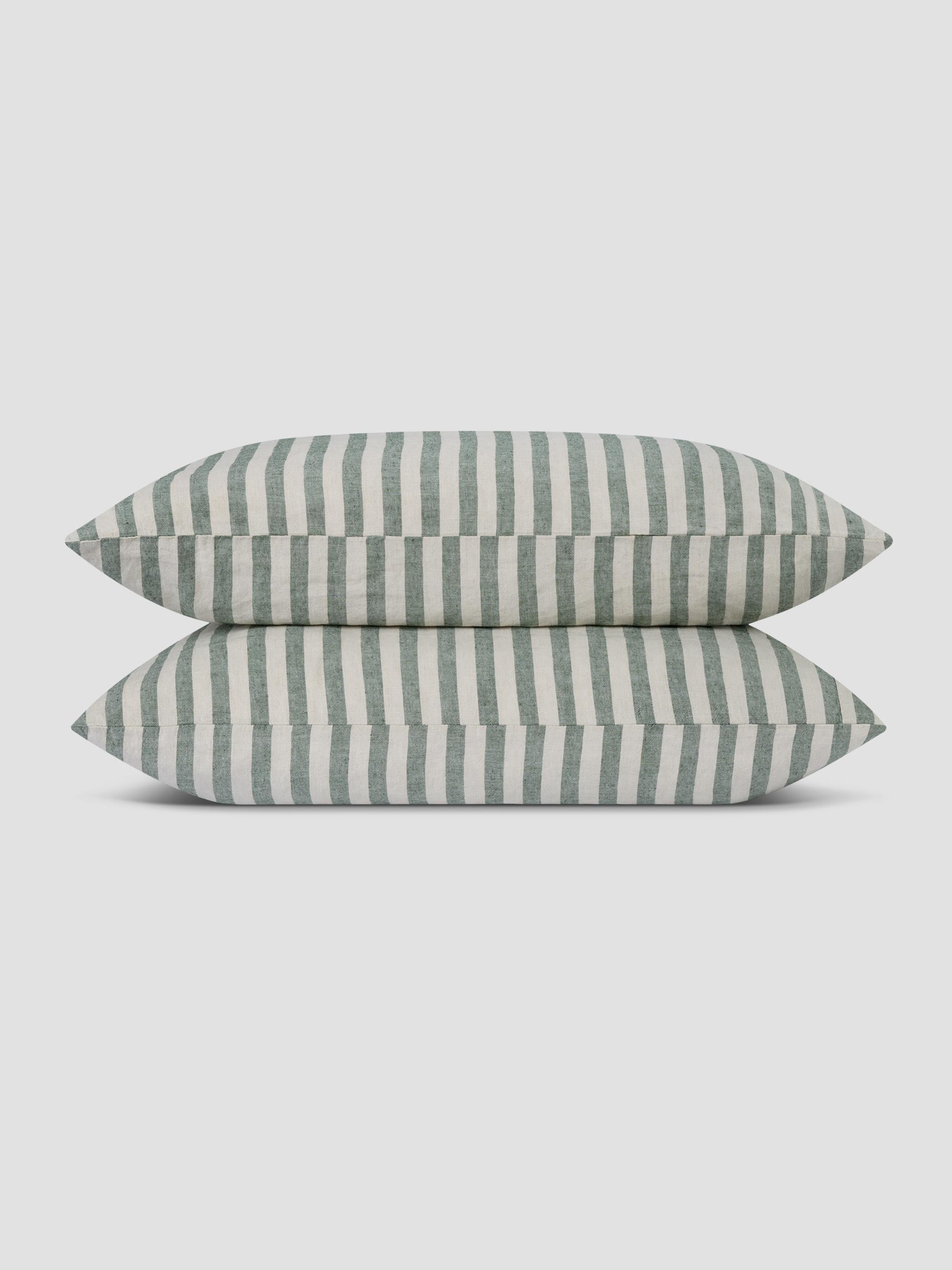 Fern Green Striped Linen Blend Pillowcase Pair - Image 2