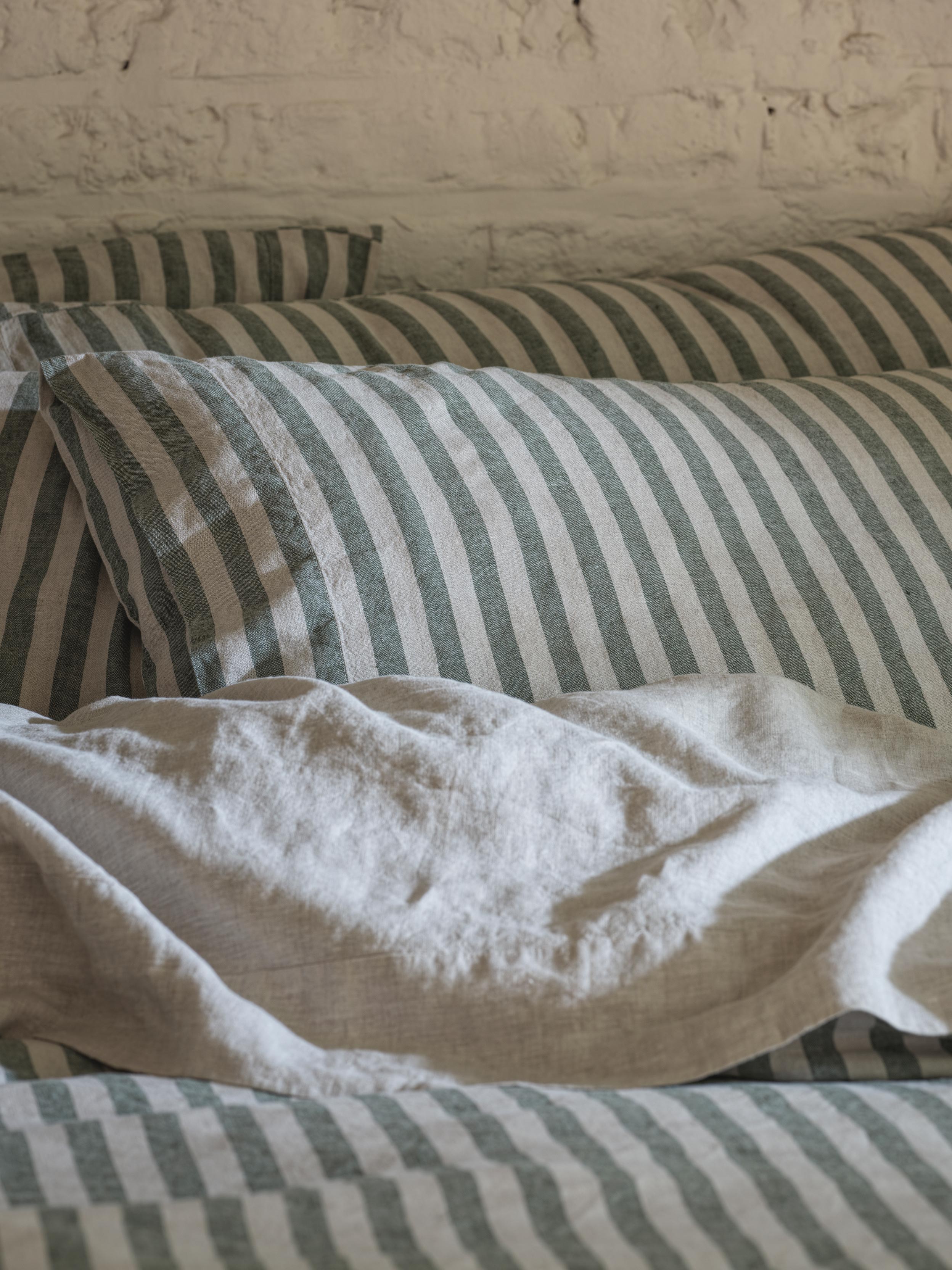 Fern Green Striped Linen Blend Pillowcase Pair