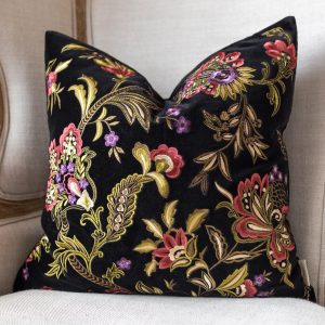 Crimson Floral Embroidered Organic Cotton Throw Pillow