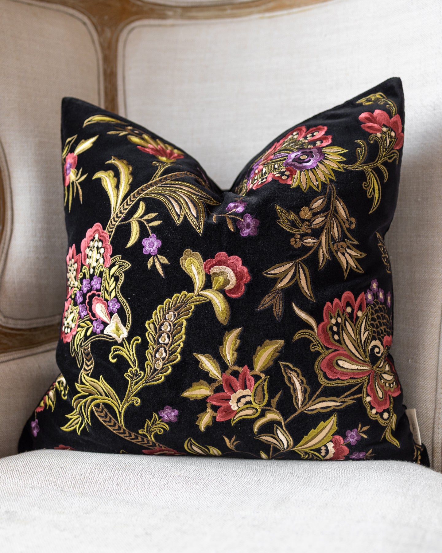 Crimson Floral Embroidered Organic Cotton Throw Pillow