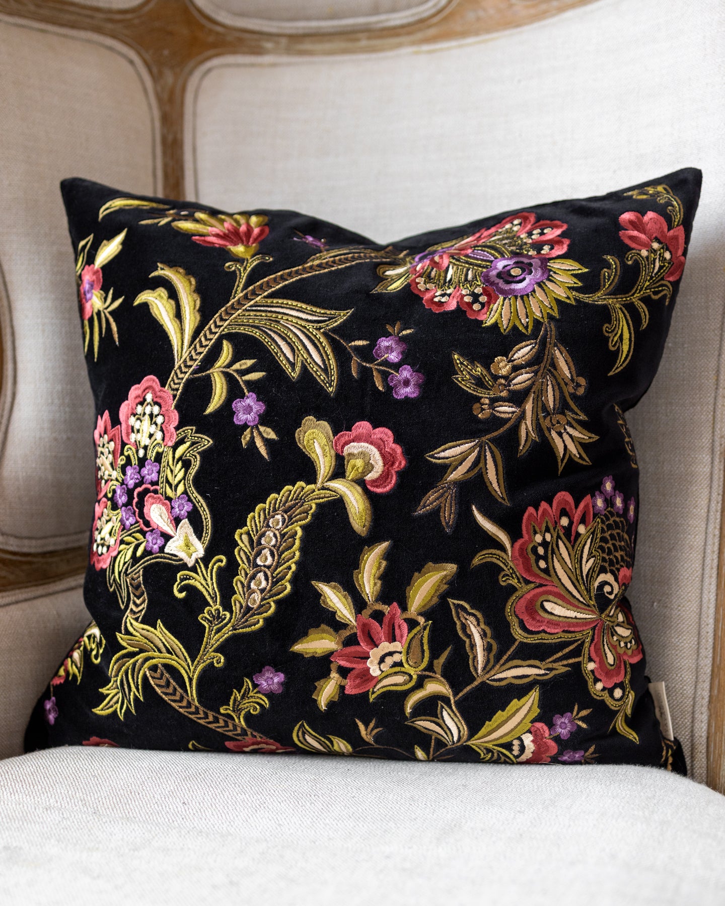 Crimson Floral Embroidered Organic Cotton Throw Pillow