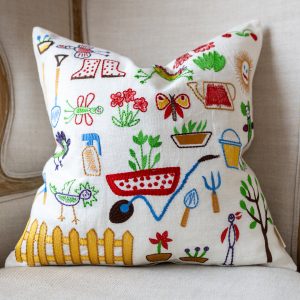 Natural Playful Drawing Embroidered Yellow Organic Cotton Throw Pillow