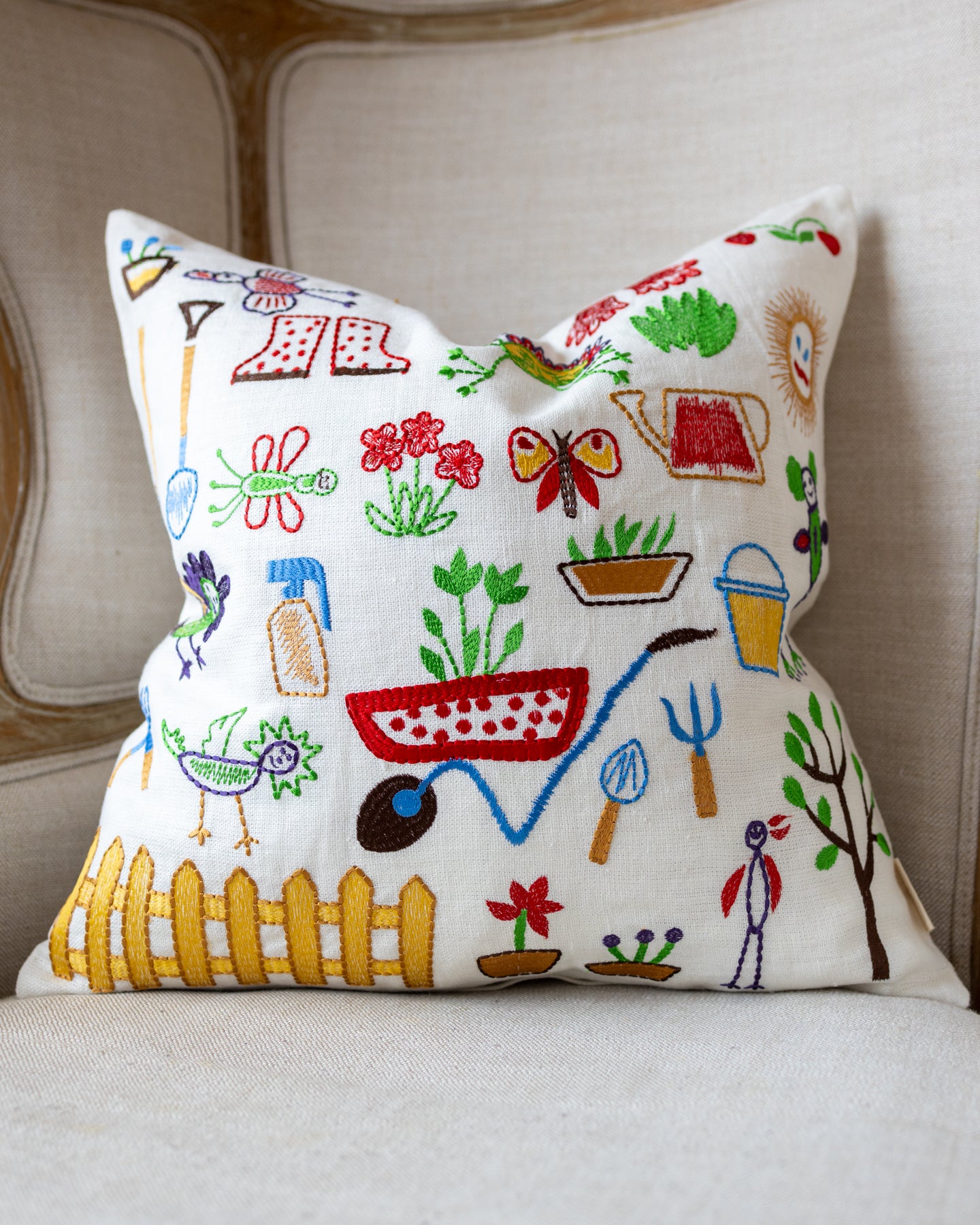 Natural Playful Drawing Embroidered Yellow Organic Cotton Throw Pillow