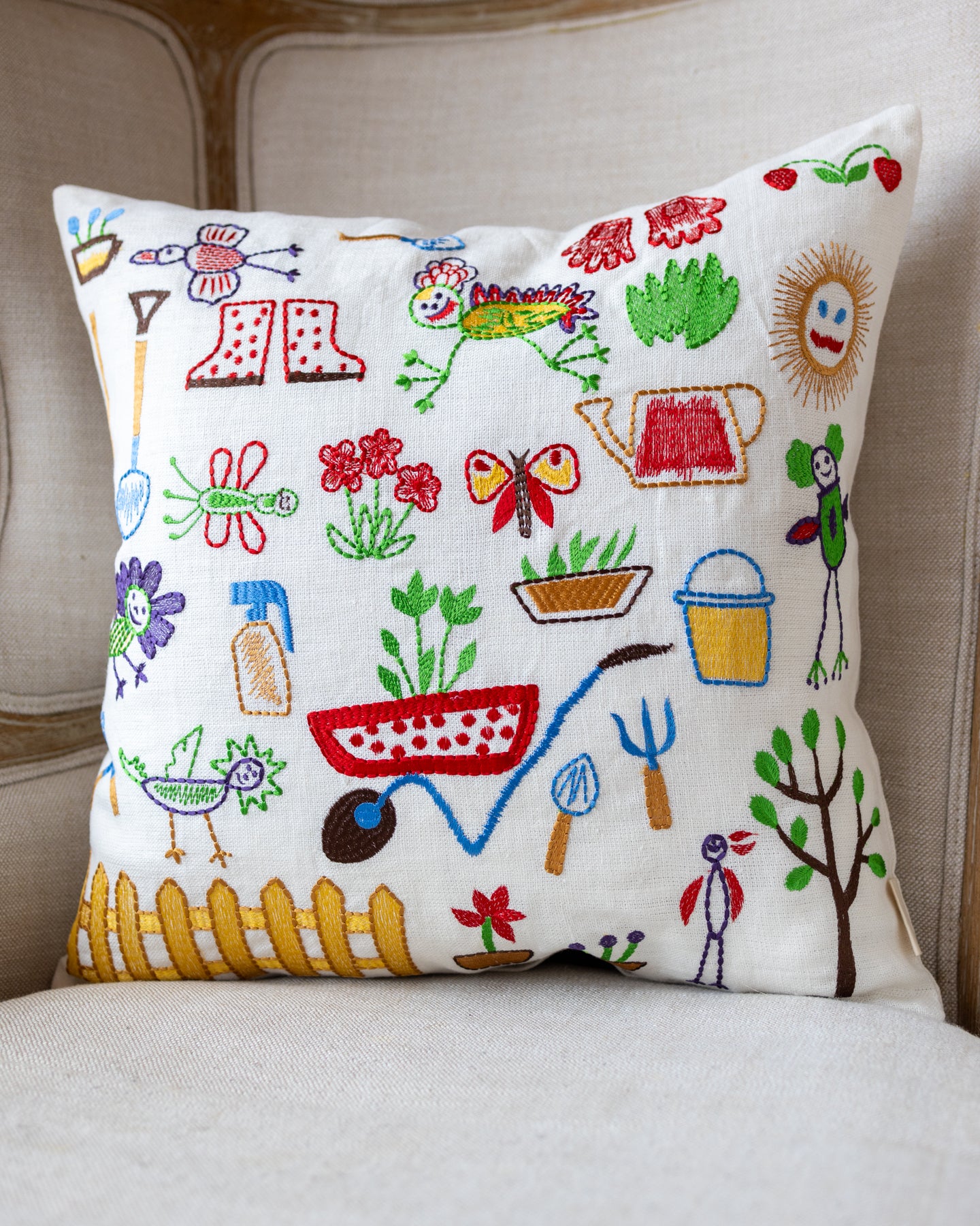 Natural Playful Drawing Embroidered Yellow Organic Cotton Throw Pillow
