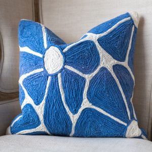 Ocean Blue Botanical Embroidered Organic Cotton Throw Pillow