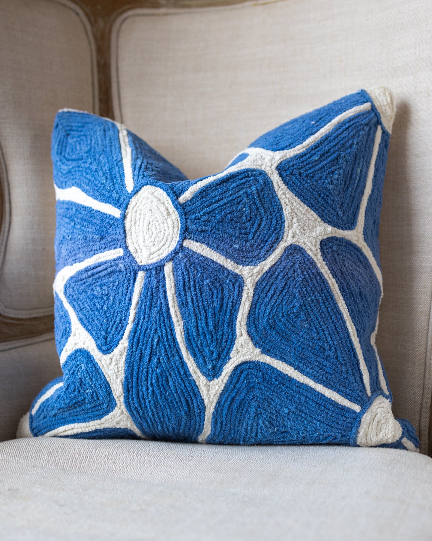Ocean Blue Botanical Embroidered Organic Cotton Throw Pillow