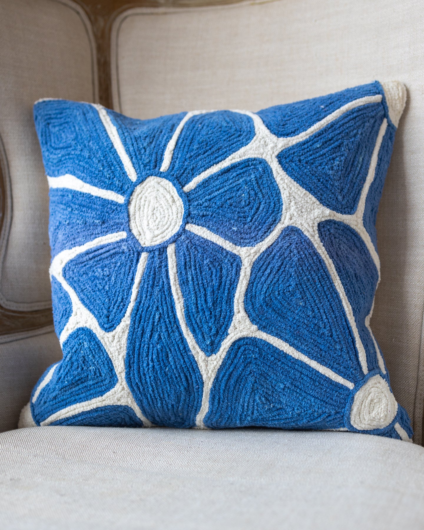 Ocean Blue Botanical Embroidered Organic Cotton Throw Pillow