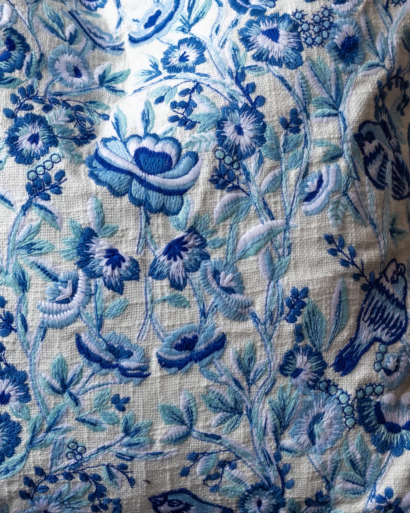 White Floral Embroidered Organic Cotton Throw Pillow