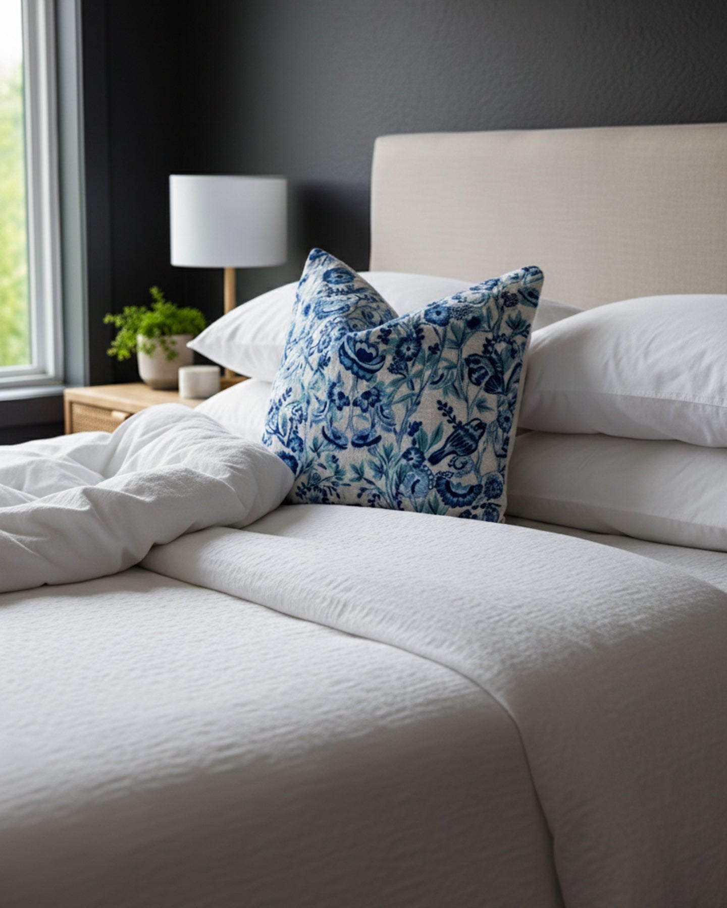 White Floral Embroidered Organic Cotton Throw Pillow