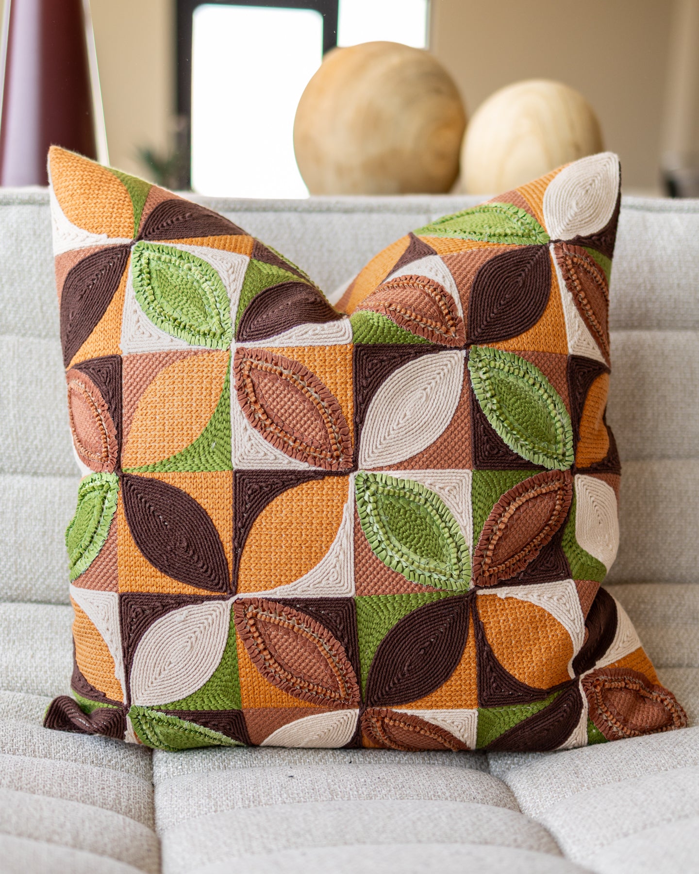 Orange Embroidered Organic Cotton Throw Pillow