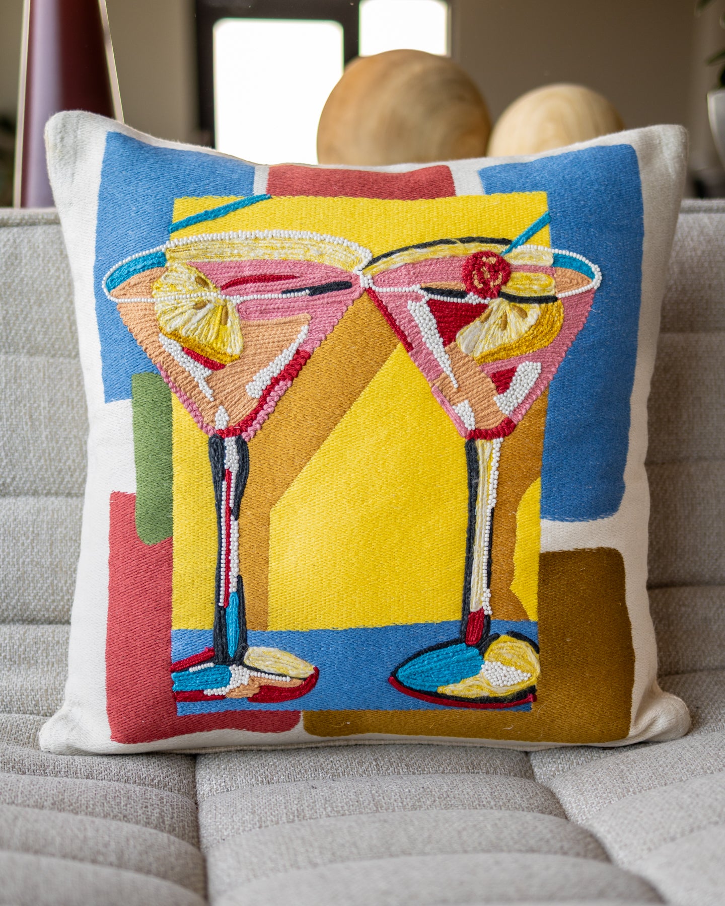 Martini Embroidered Organic Cotton Throw Pillow