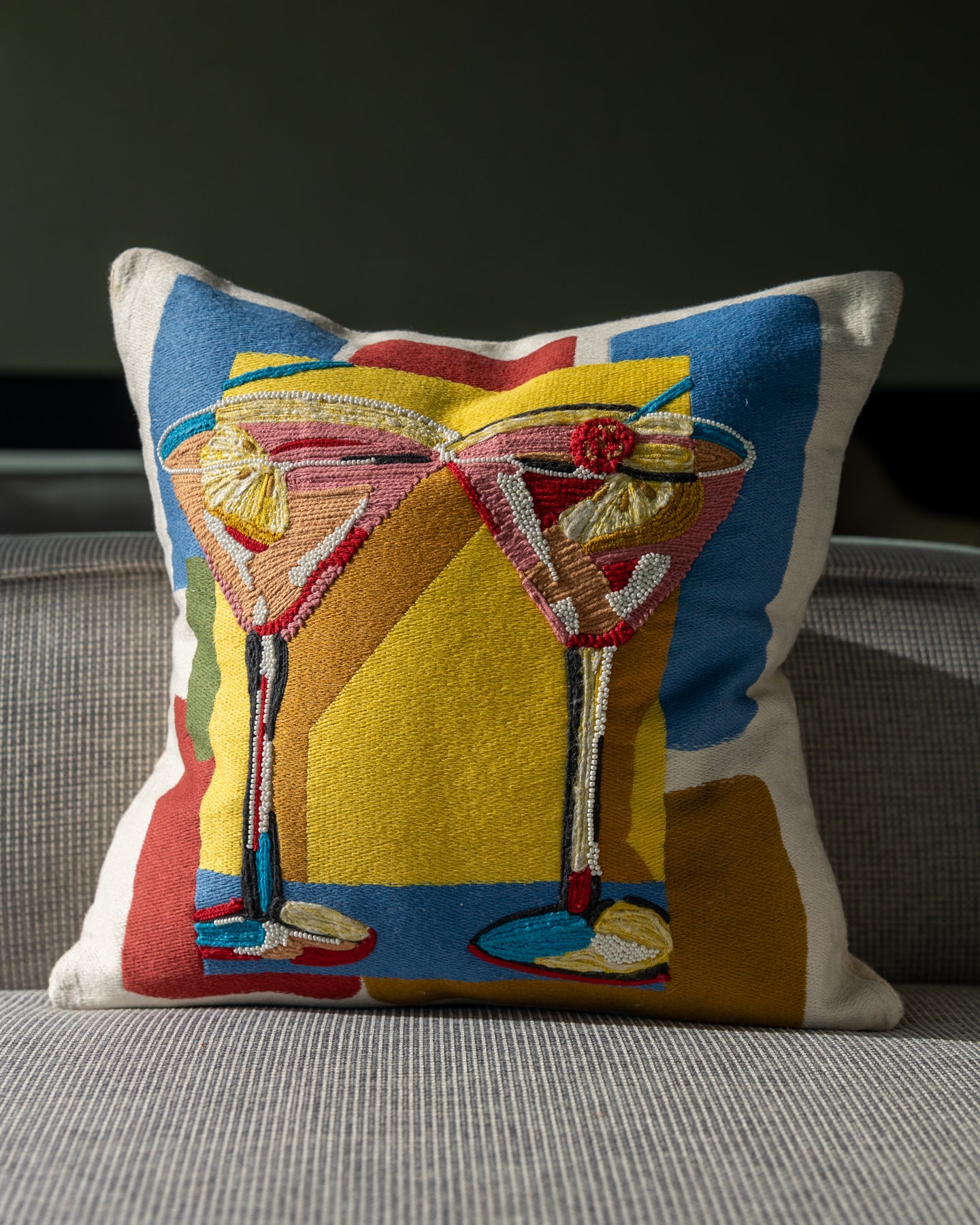 Martini Embroidered Organic Cotton Throw Pillow