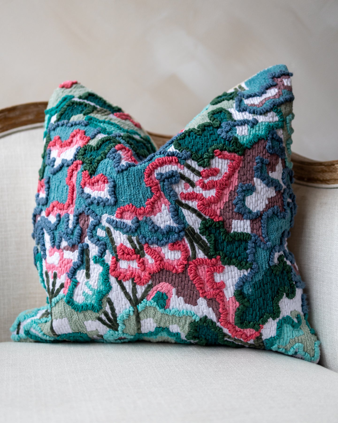Sky Blue Abstract Embroidered Organic Cotton Throw Pillow