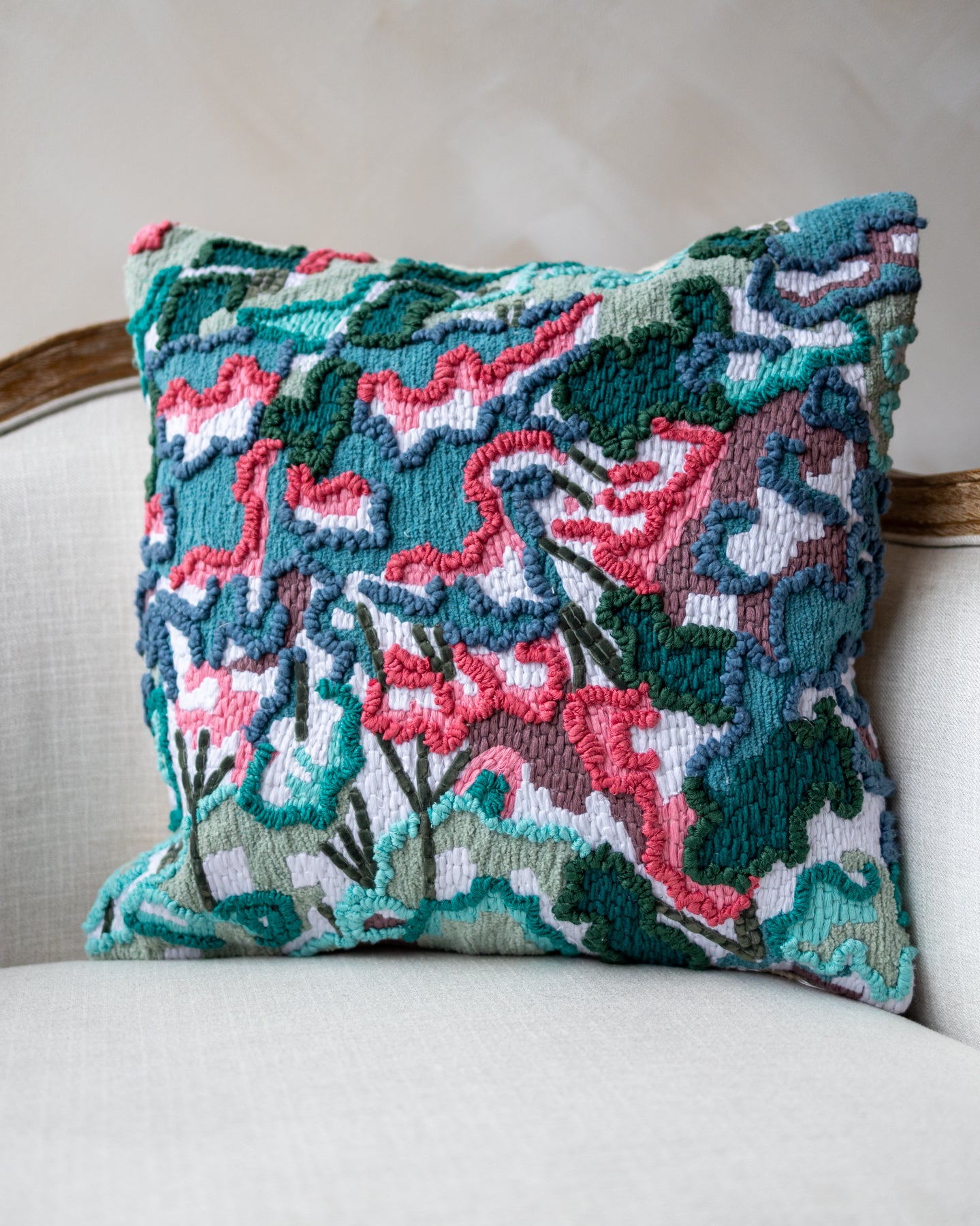 Sky Blue Abstract Embroidered Organic Cotton Throw Pillow