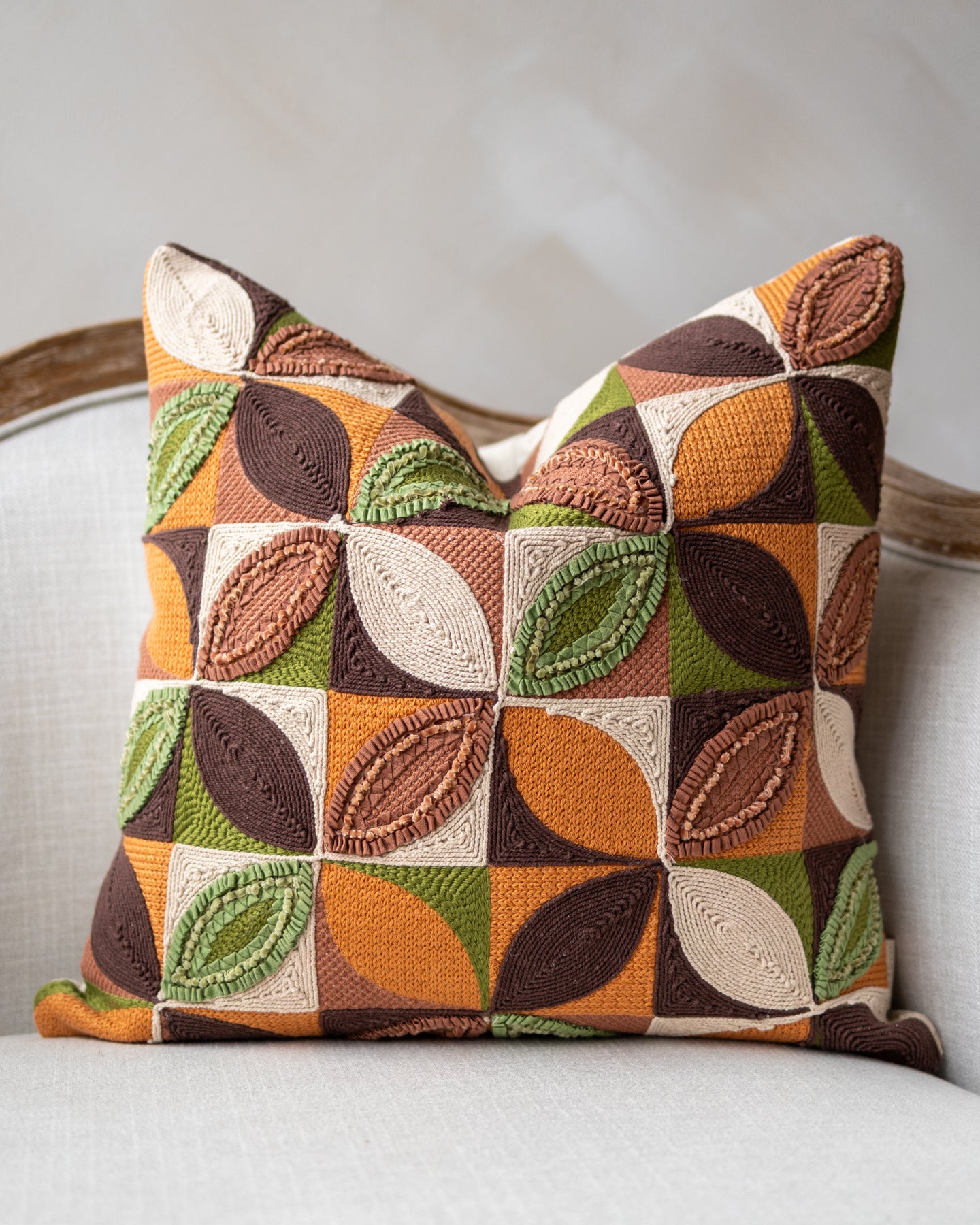 Orange Embroidered Organic Cotton Throw Pillow