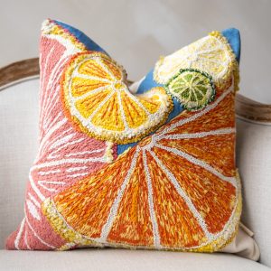 Orange Citrus Embroidered Organic Cotton Throw Pillow