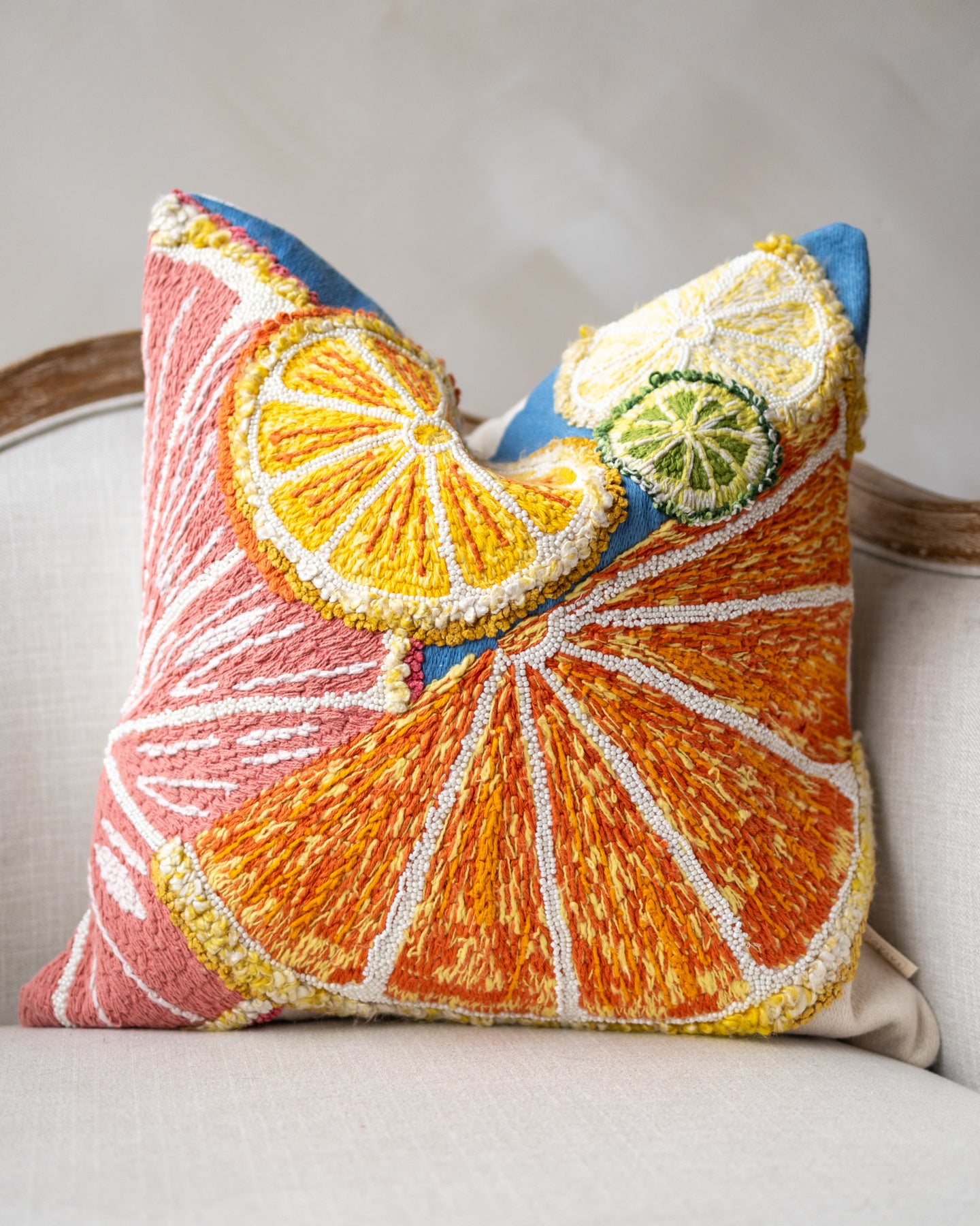 Orange Citrus Embroidered Organic Cotton Throw Pillow